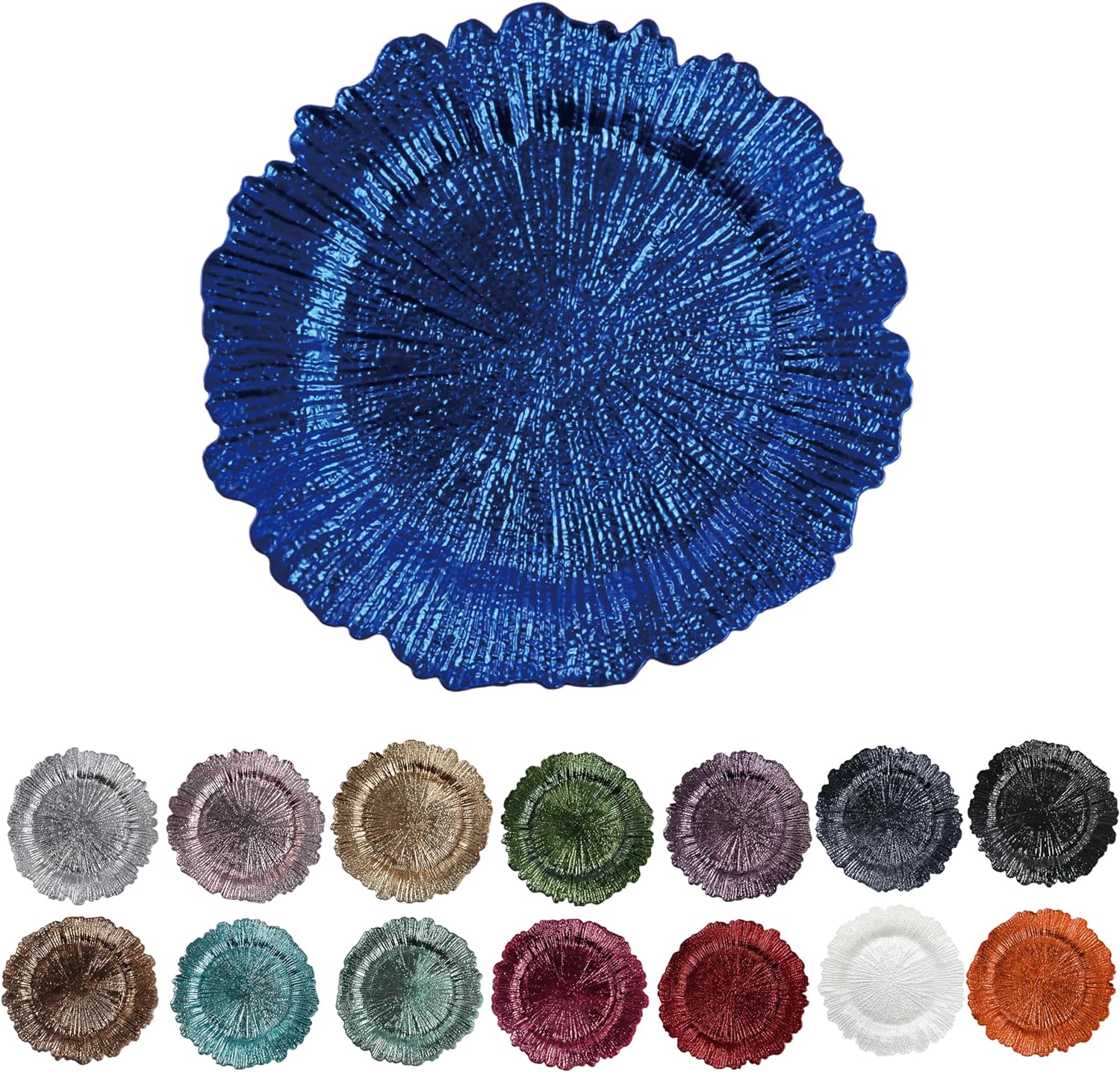 Evershine 13 Inch Royal Blue Round Plastic Charger plate Set of 12, Floral Reef Charger for dinning plates, Table setting and Wedding party table decor.