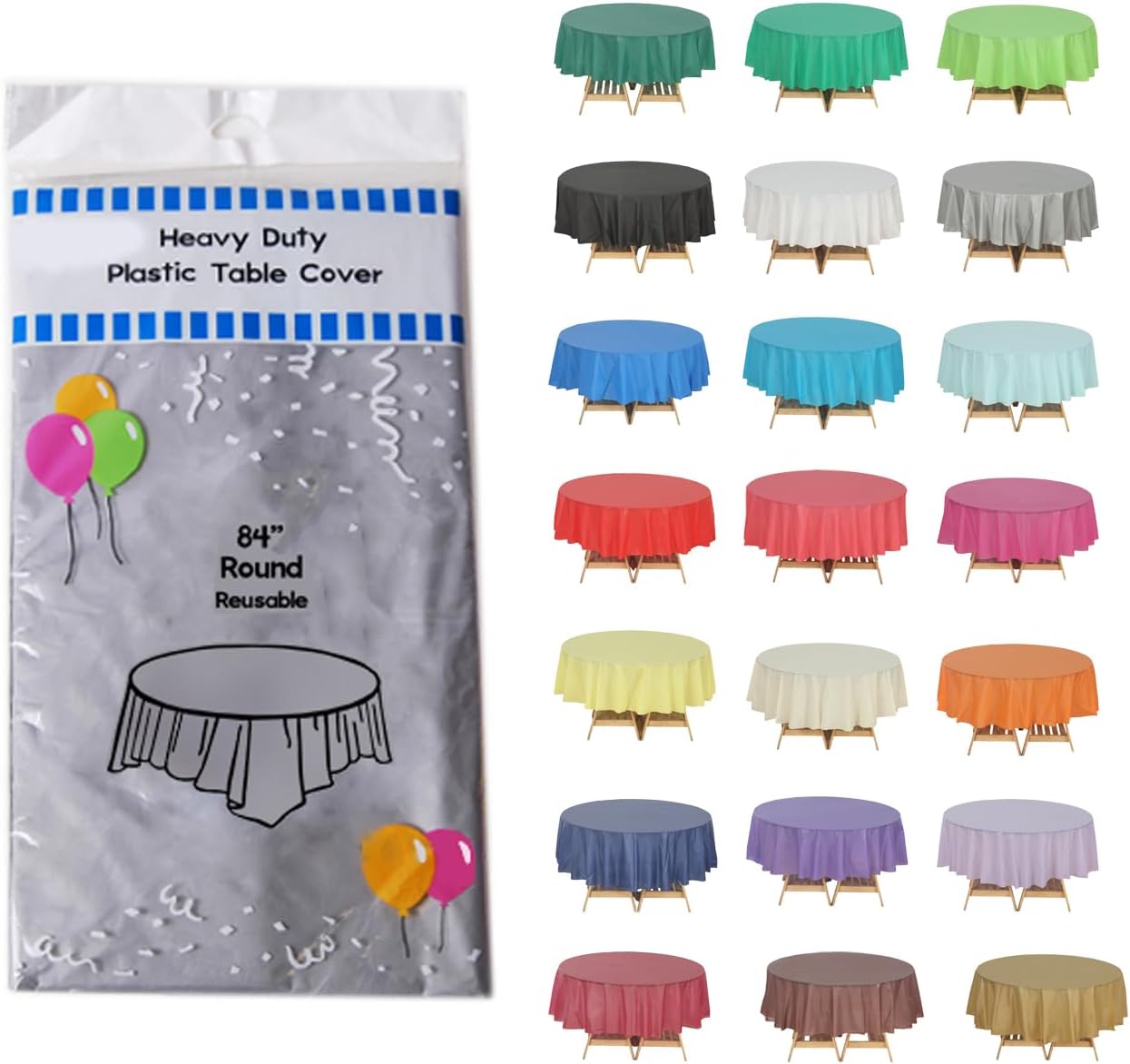 Evershine (12-Pack Heavy Duty Plastic Table Covers Tablecloth (Reusable) (Round 84, Silver)