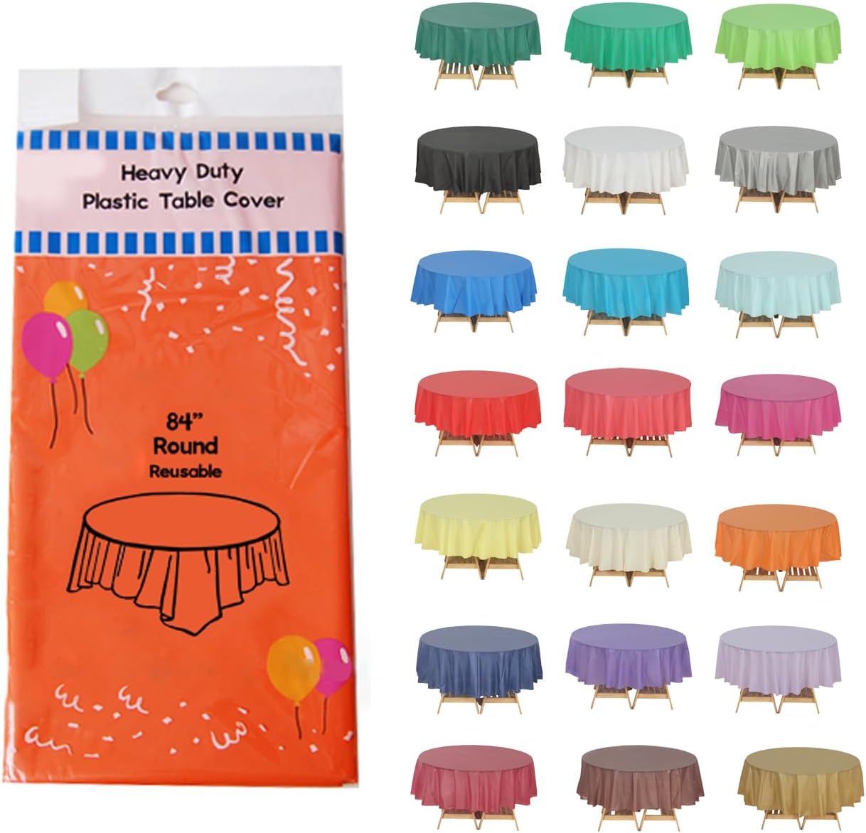 Evershine (12-Pack Heavy Duty Plastic Table Covers Tablecloth (Reusable) (Round 84, Orange)