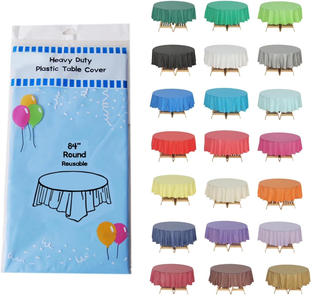 Evershine (12-Pack Heavy Duty Plastic Table Covers Tablecloth (Reusable) (Round 84, Light Blue)