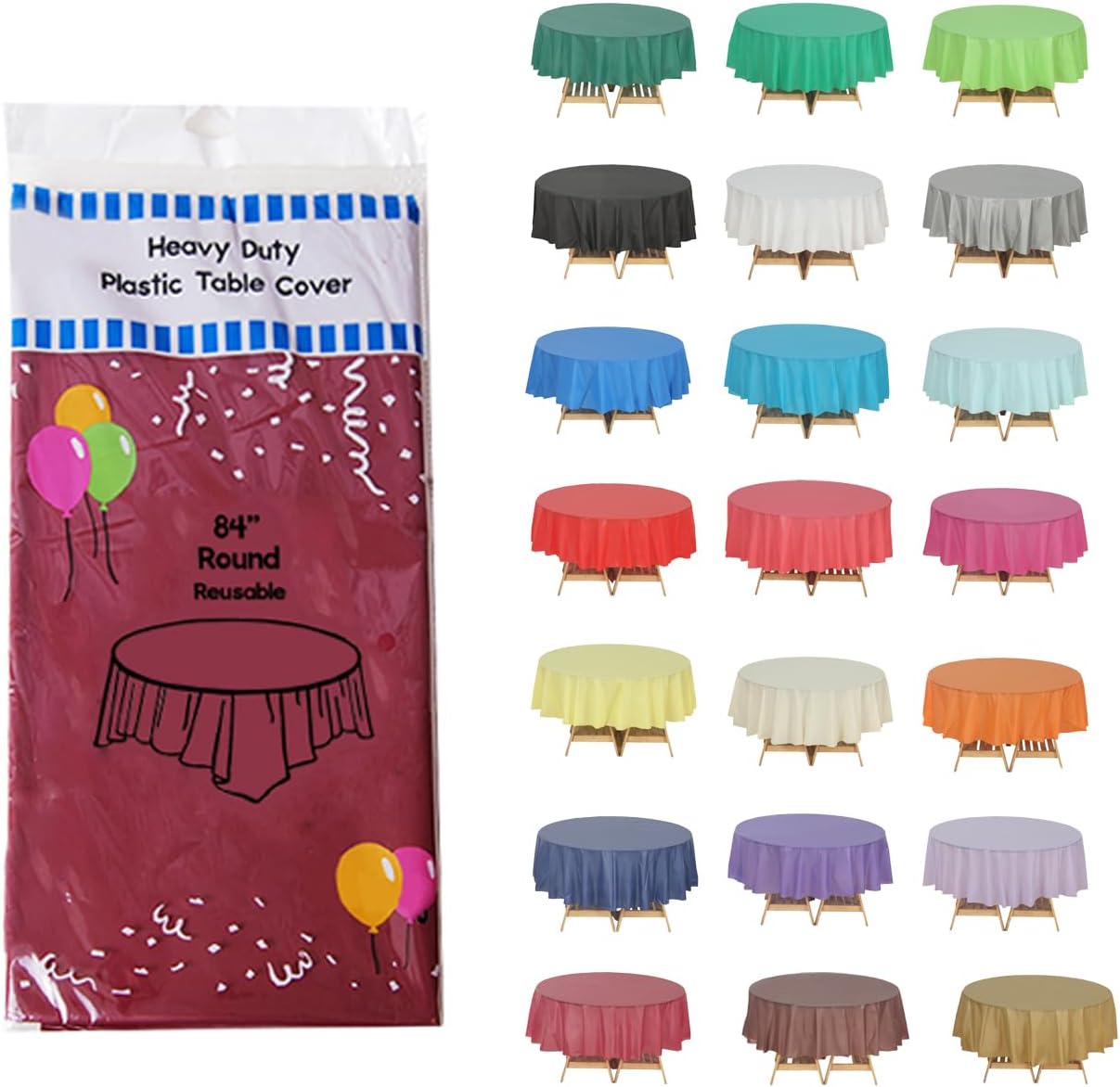 Evershine 6 Pack Heavy Duty Plastic Tablecloth, Round 84 Inch Burgandy Plastic Round Table Covers Tablecloth.