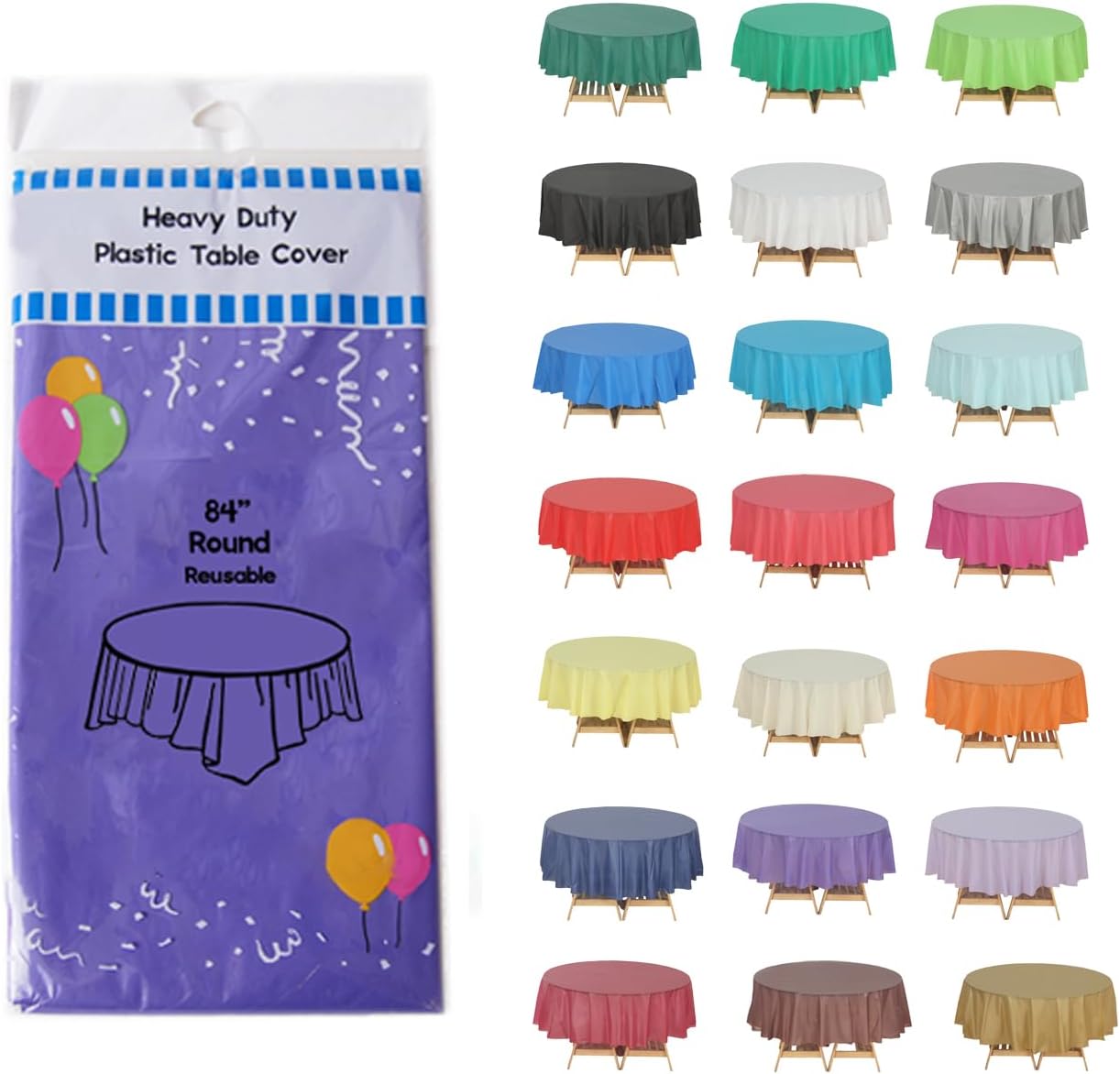 Evershine 6 Pack Heavy Duty Plastic Tablecloth, Round 84 Inch Purple Plastic Round Table Covers Tablecloth.