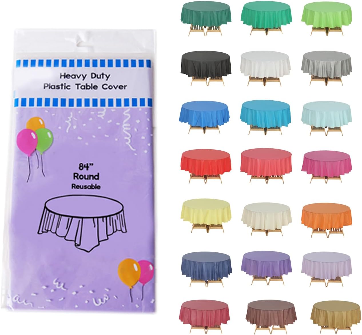 Evershine 6 Pack Heavy Duty Plastic Tablecloth, Round 84 Inch Lavender Plastic Round Table Covers Tablecloth.