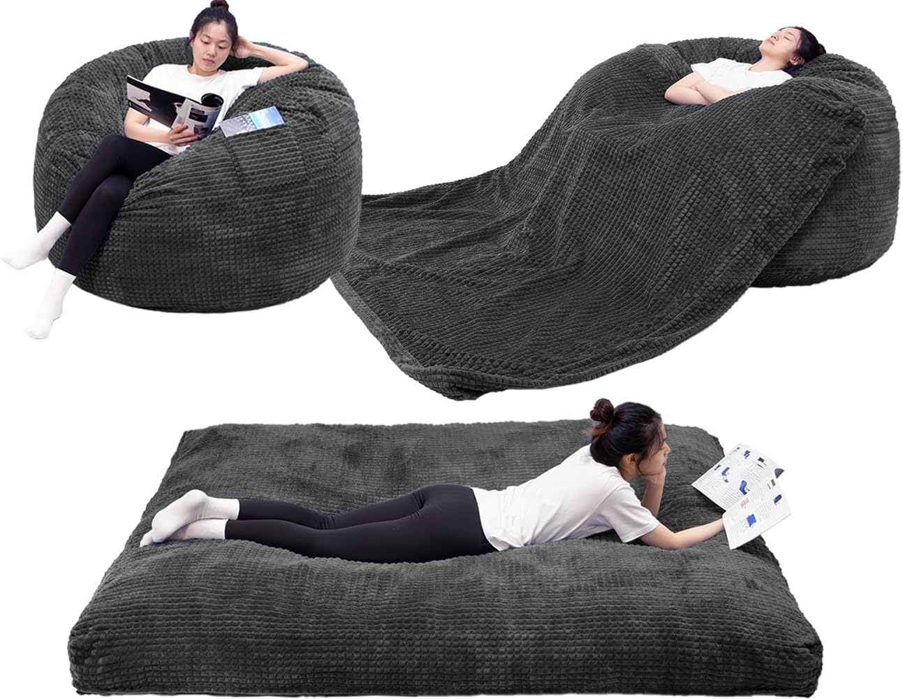 5Ft Bean Bag Chair/Bed Transformable Giant with Washable Plush Velvet Cover - Perfect for Adults, Couples, and Families - Giant Bean Bag Chairs(Grey, Queen)