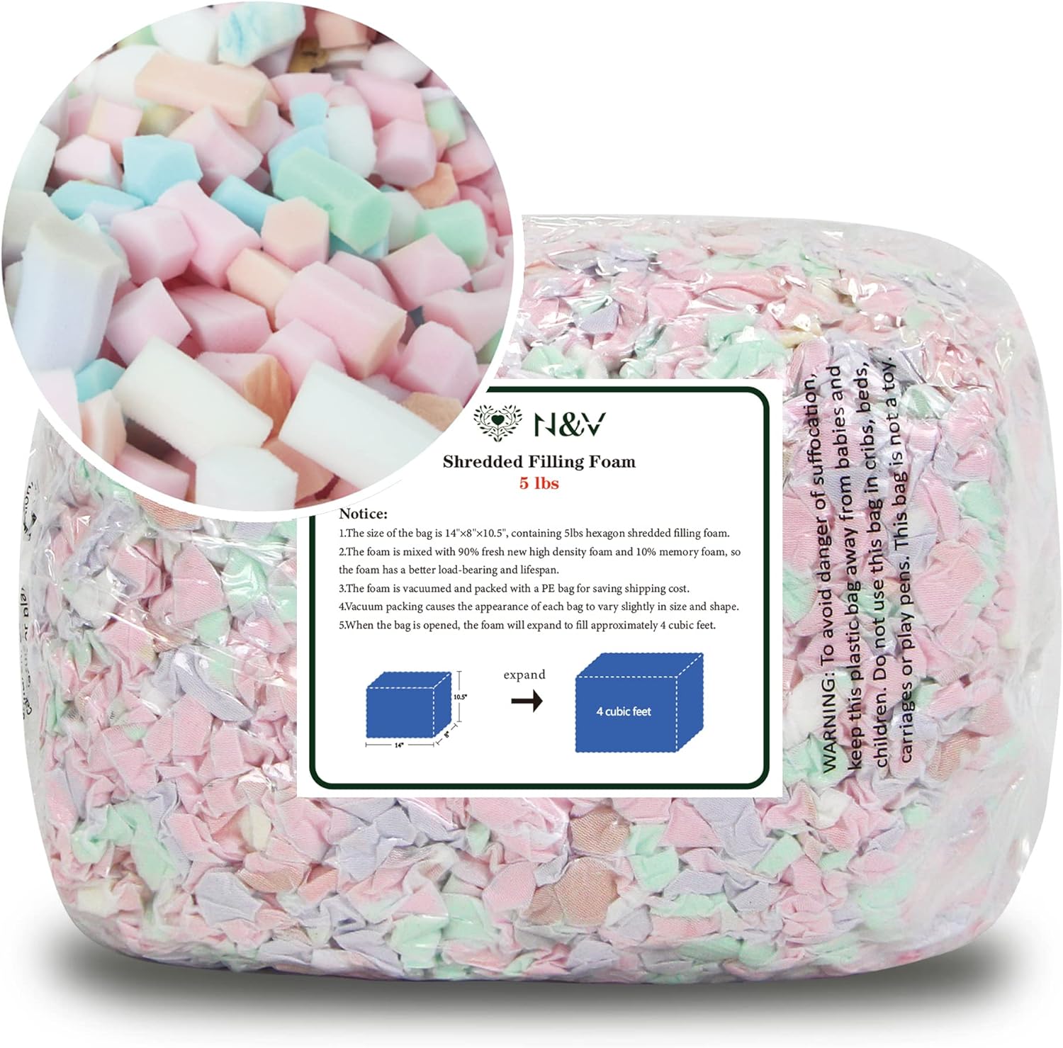 N&V Shredded Foam Filling Bean Bag Refill Safe and Healthy High Density Foam Odorless and Allergen Free Perfect Stuffing for Bean Bags, Plush, Pillows, Dog Beds, Cushions and Crafts. (5 Pound)