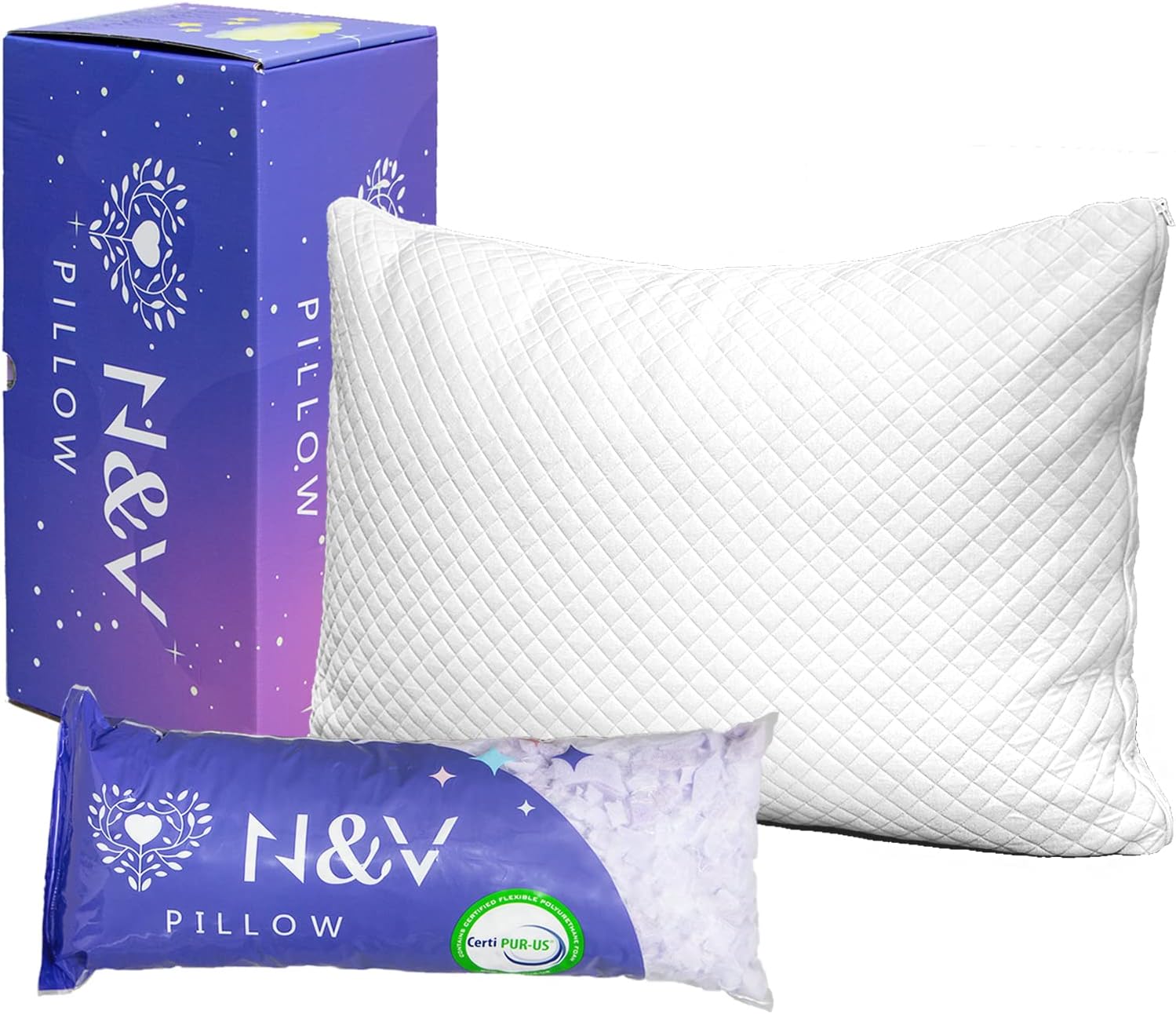 N&V Memory Foam Pillow for Sleeping - Washable Cover Lavender Scent for Back, Stomach or Side Sleepers - CertiPUR-US (Queen)