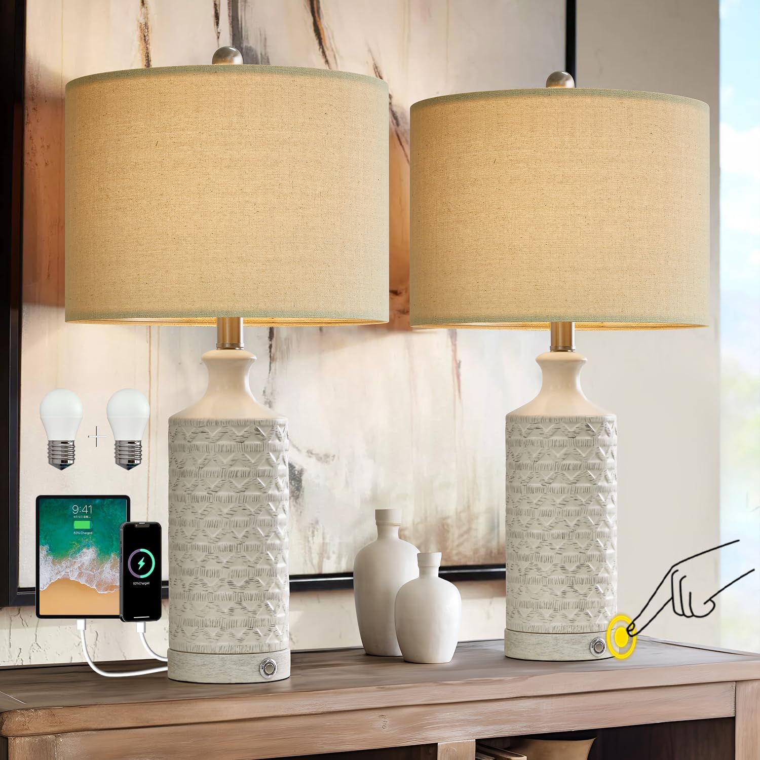 PoKat 24 3 Way Dimmable Touch Table Lamp Sets of 2 Modern Contemporary Ceramic Lamps for Living Room Bedroom White Farmhouse Bedside Nightstand Lamp with 2 USB Ports Bulb Included