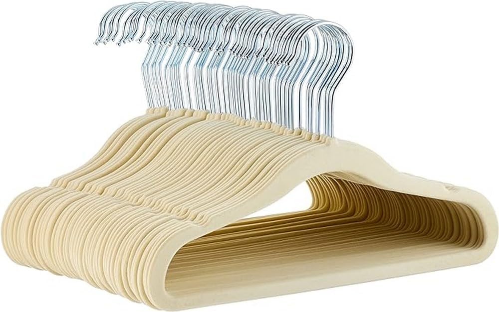 Amazon Basics Kids Velvet, Non-Slip 11.6" Clothes Hangers, 1 Count (Pack of 50), Beige