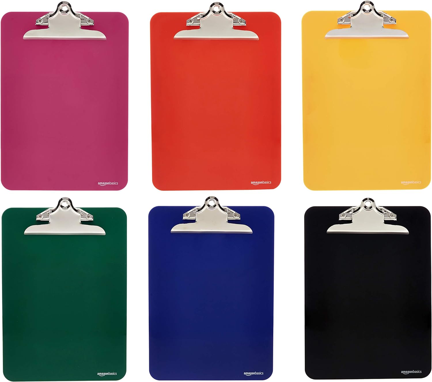 Amazon Basics Plastic Clipboards with Metal Clip, Pack of 6, Letter size, Assorted Classic