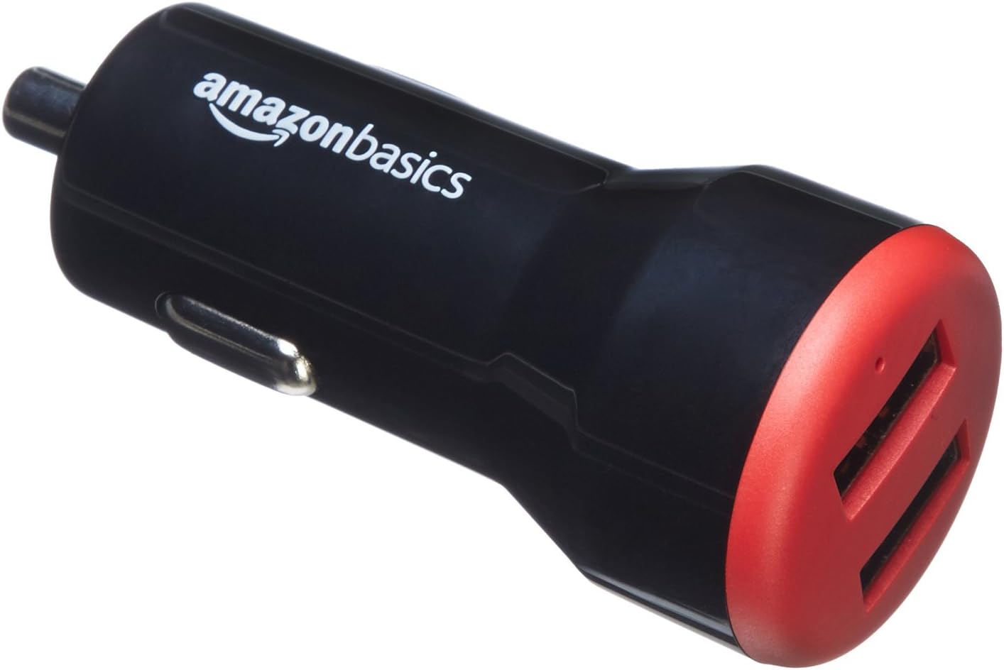 Amazon Basics 24W Two-Port USB-A Car Charger for Phones (iPhone 15/14/13/12/11/X, Samsung, and more), non-PPS, Black/Red