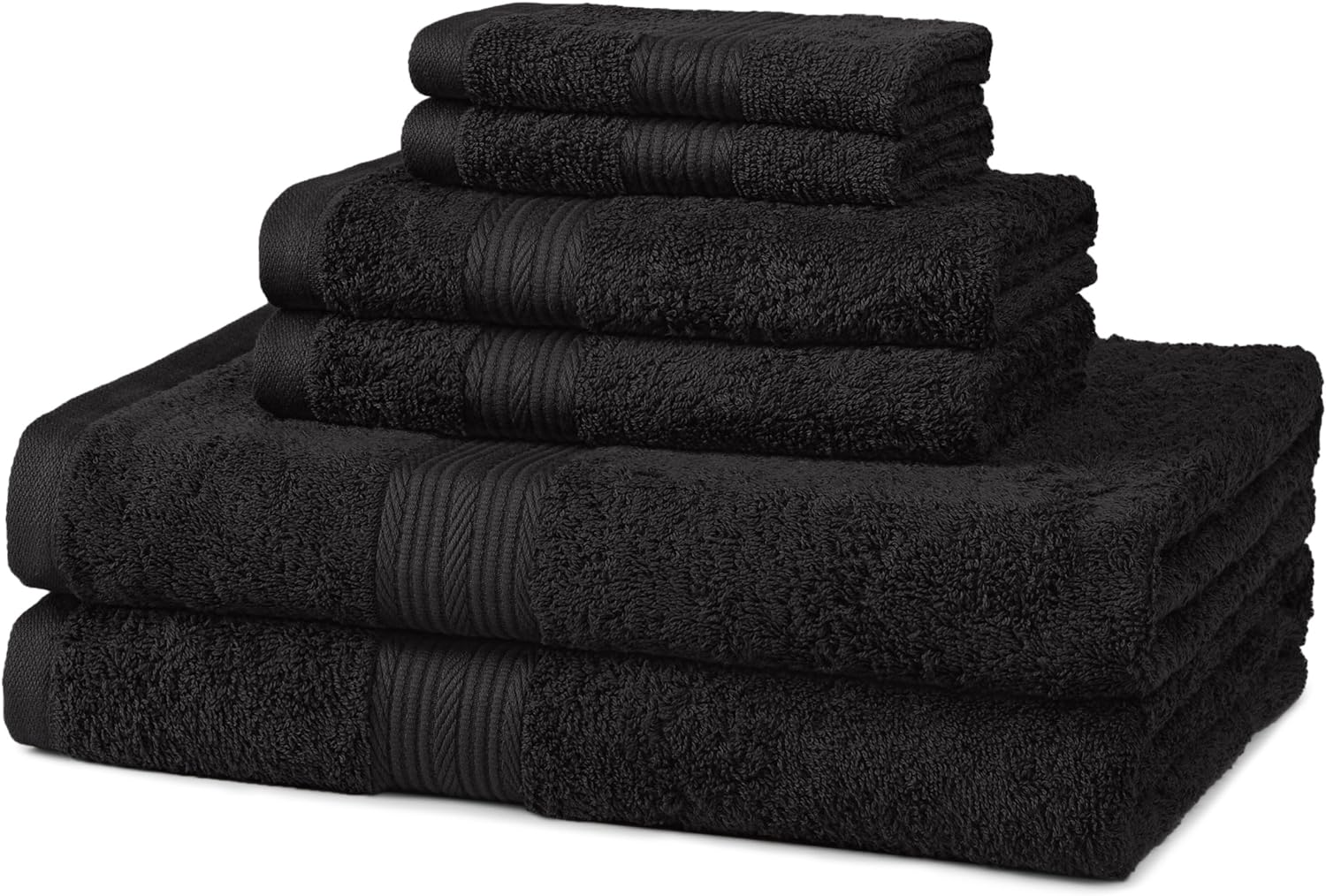 Amazon Basics 6-Piece Fade Resistant Bath towel, Hand and Washcloth Set -Cotton, Black, 14.25" x 10.85" in