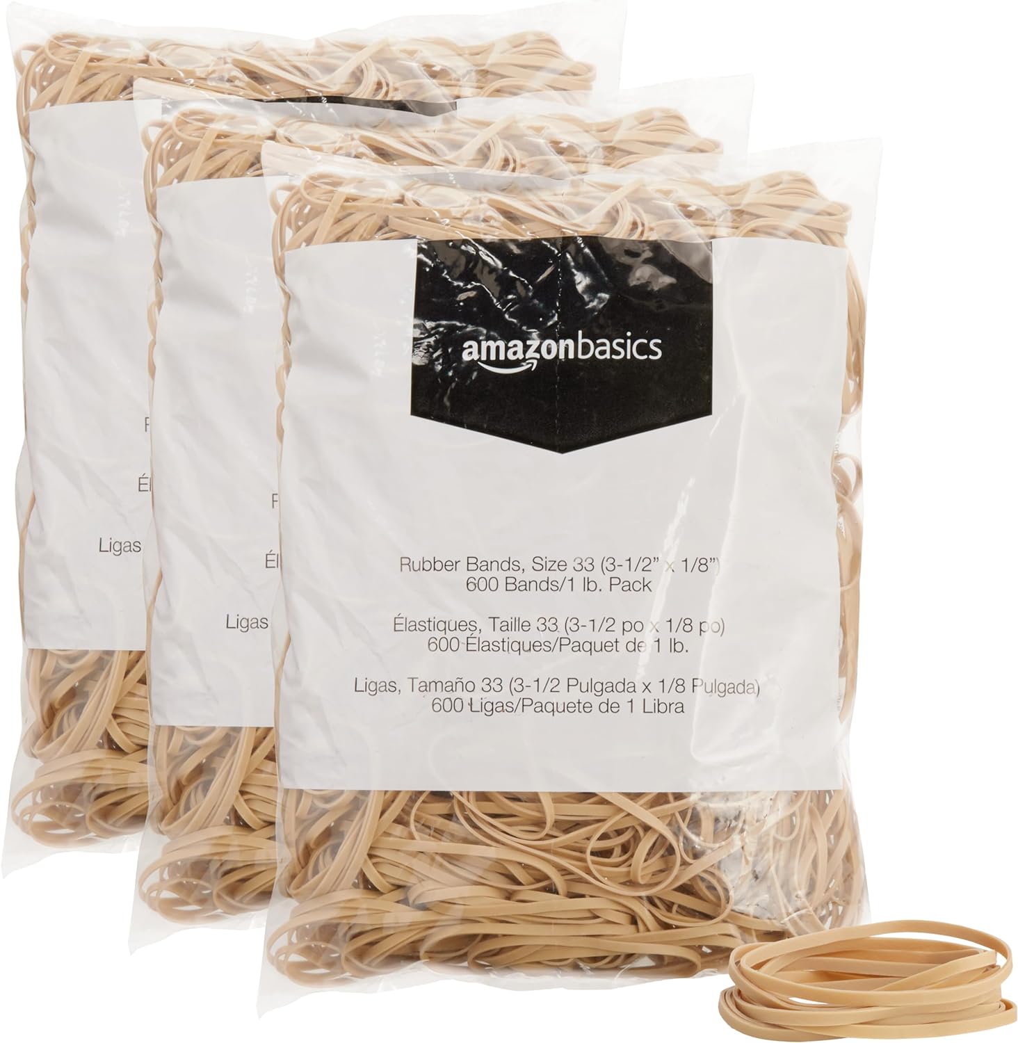 Amazon Basics Rubber Bands, Size 33 (3-1/2 x 1/8 Inch), 600 Bands/1 lb Pack, 3-Pack, Tan