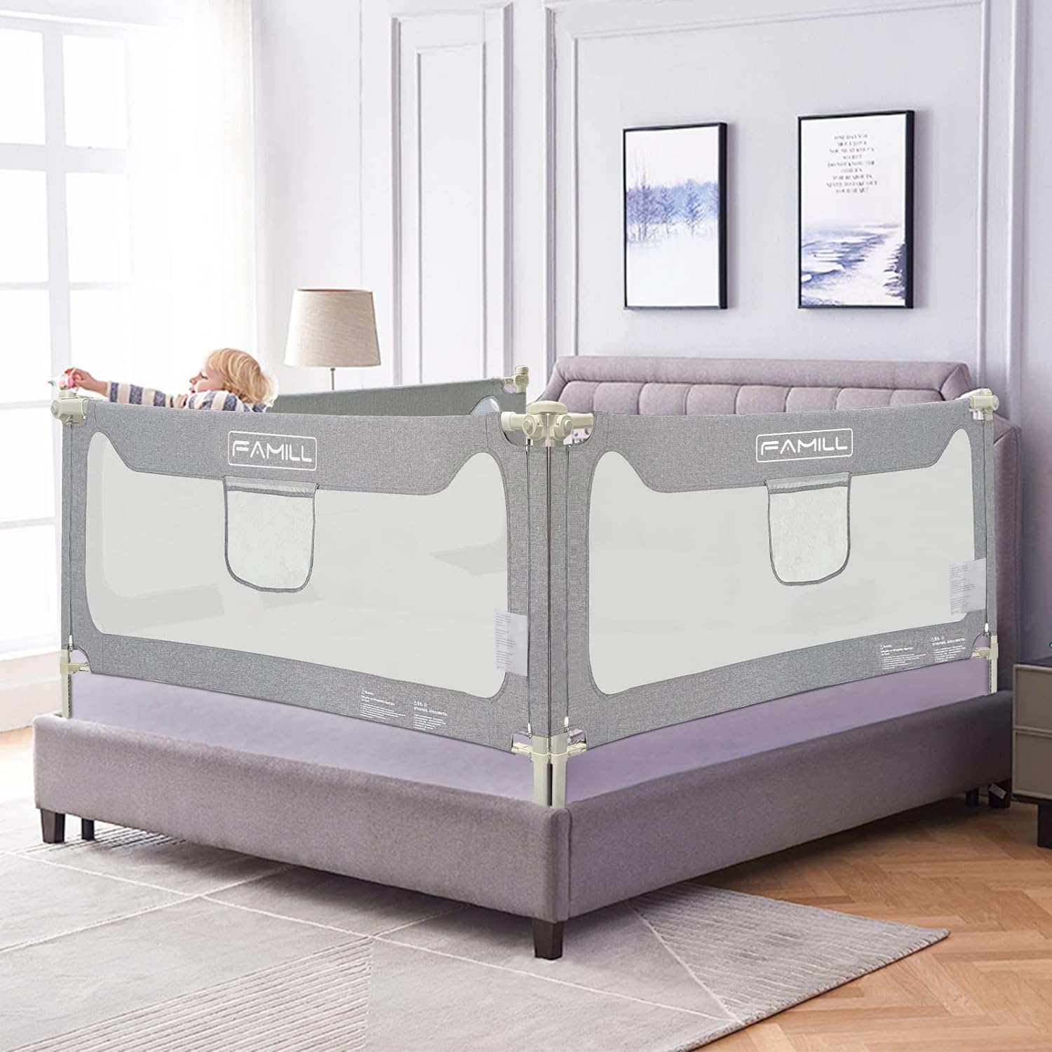 FAMILL Bed Rails for Toddlers,Toddler RailBaby Rail GuardKids&#39; & Guards,Bed Guard Queen King Twin Kid, Full Size Extra Length 54"-78.7",(Grey,1 Piece, 74.8")