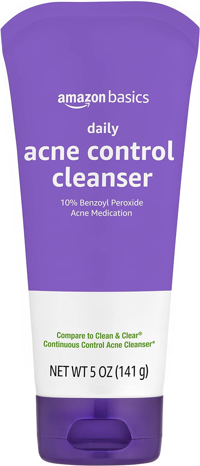 Amazon Basics Daily Acne Control Cleanser, Maximum Strength 10% Benzoyl Peroxide Acne Medication, Fragrance Free, 5 Ounce