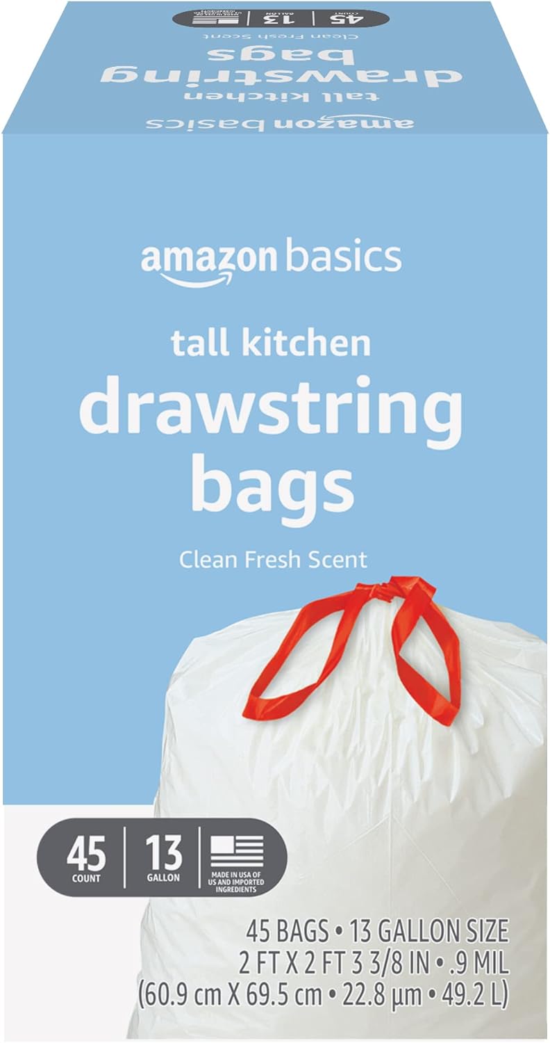 Amazon Basics Tall Kitchen Drawstring Trash Bags, Clean Fresh Scent, 13 Gallon, 45 Count (Previously Solimo)