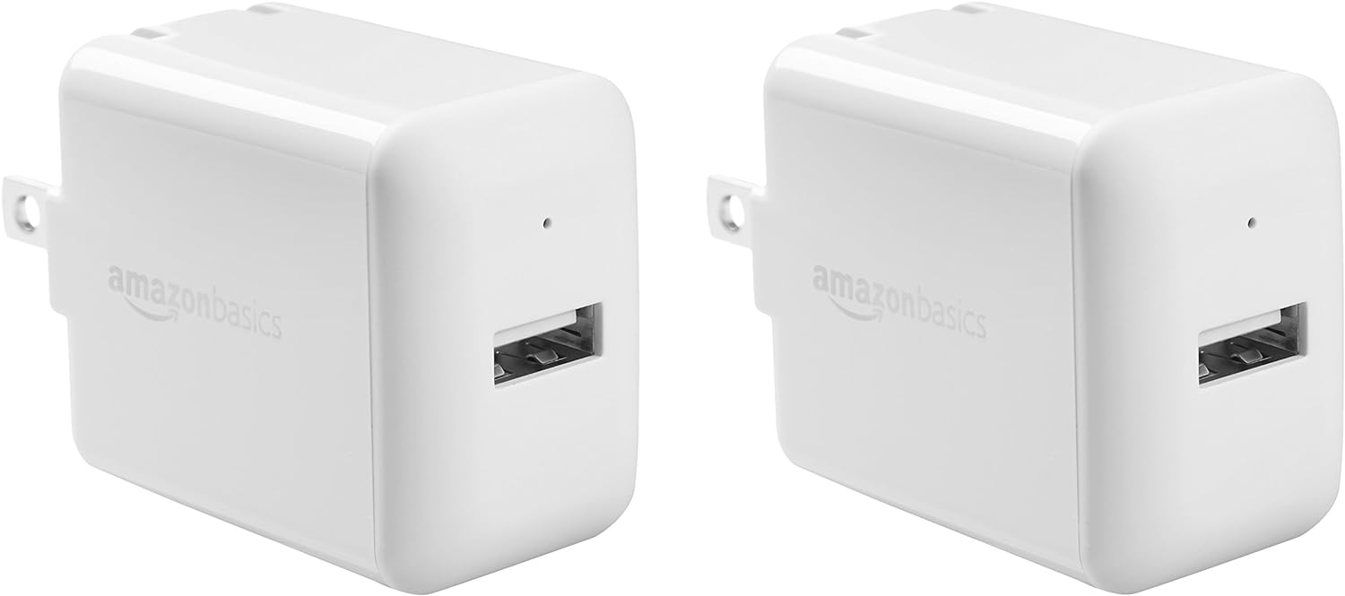 Amazon Basics 12W One Port USB-A Wall Charger (2.4A) for Phones (iPhone 15/14/13/12/11/X, Samsung, and more), Pack of 2, White