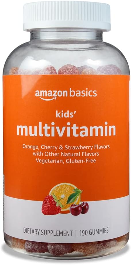 Amazon Basics Kids&#39; Multivitamin Gummies, Orange, Cherry & Strawberry, 190 Count (Previously Solimo)