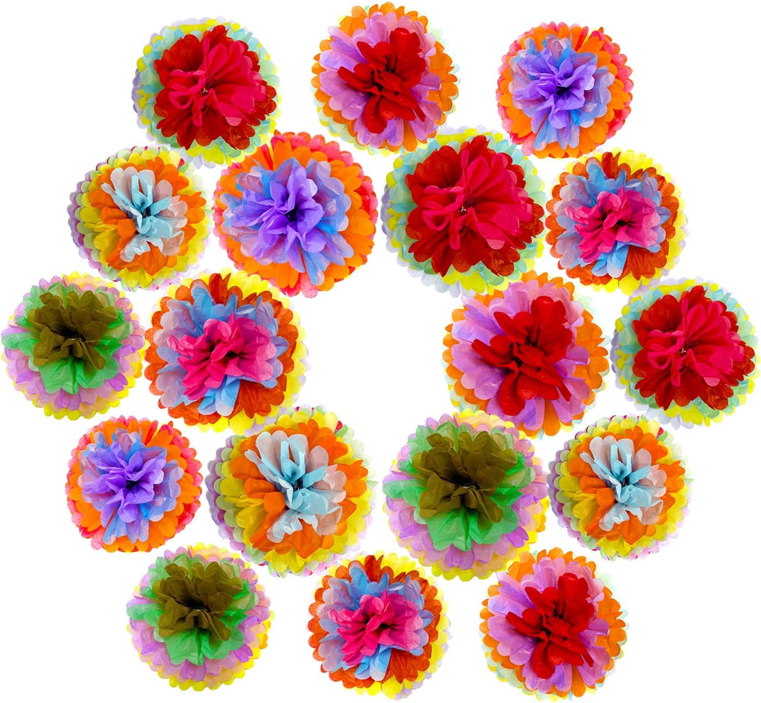 ZERODECO Cinco De Mayo Decorations, 18 Pcs Multicolor Fiesta Tissue Pom Paper Flowers 12 inch 14 inch for Mexican Carnival Rainbow Theme Party Supplies