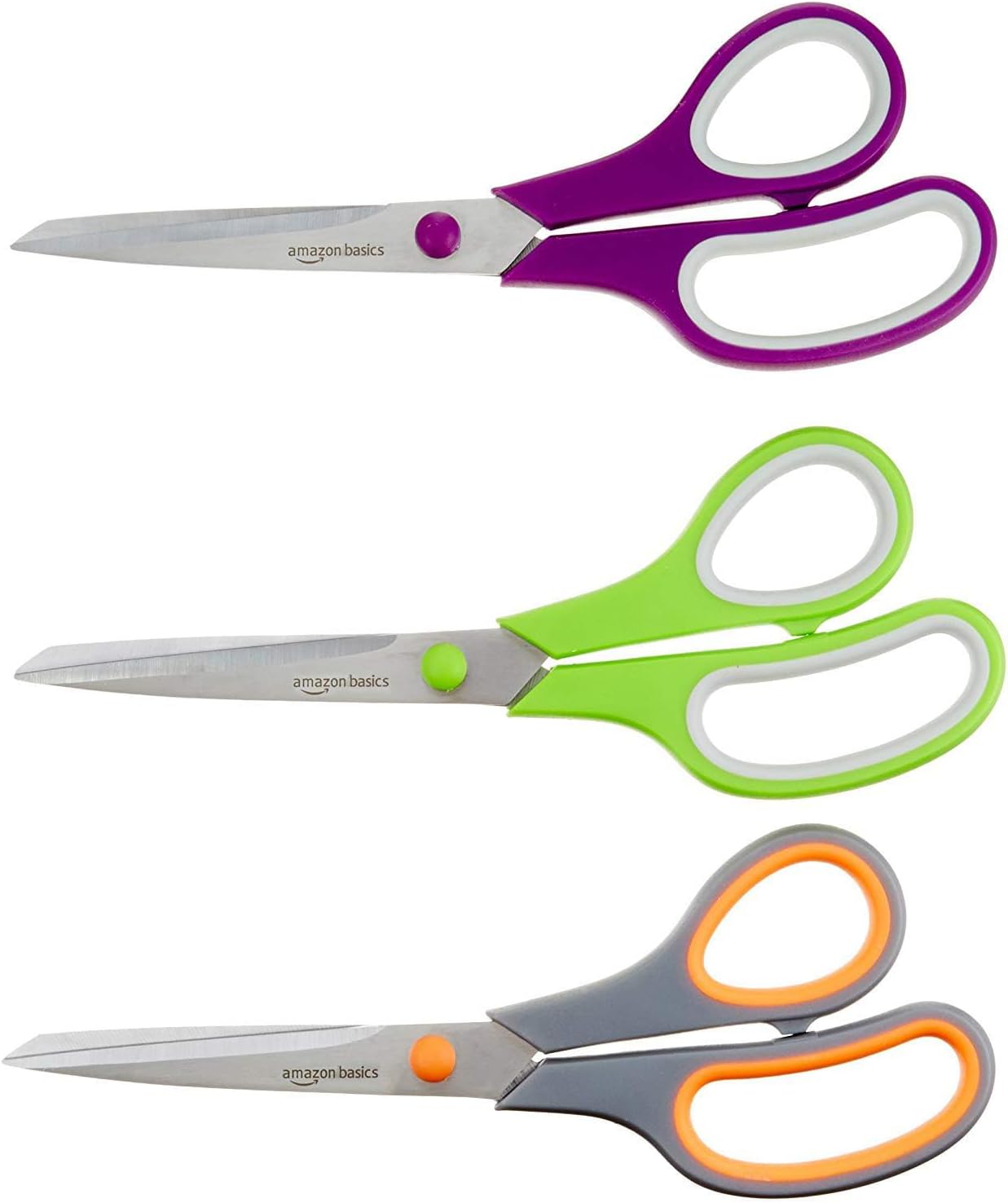 Amazon Basics Multipurpose, Comfort Grip, PVD Coated, Stainless Steel Office Scissors, 3-Pack, Purple, Green & Gray