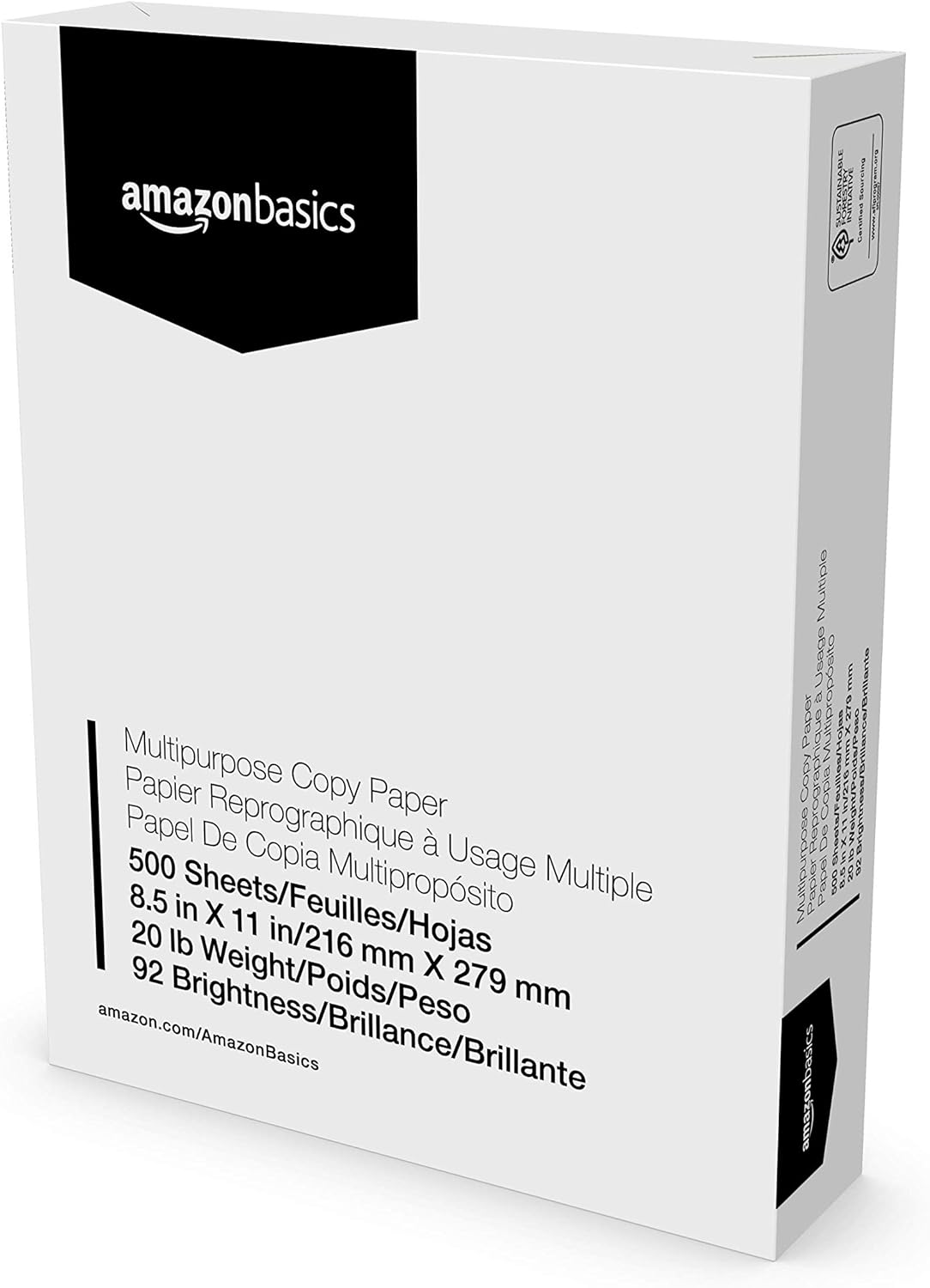 Amazon Basics Multipurpose Copy Printer Paper, 8.5" x 11", 20 lb, 1 Ream, 500 Sheets, 92 Bright, White