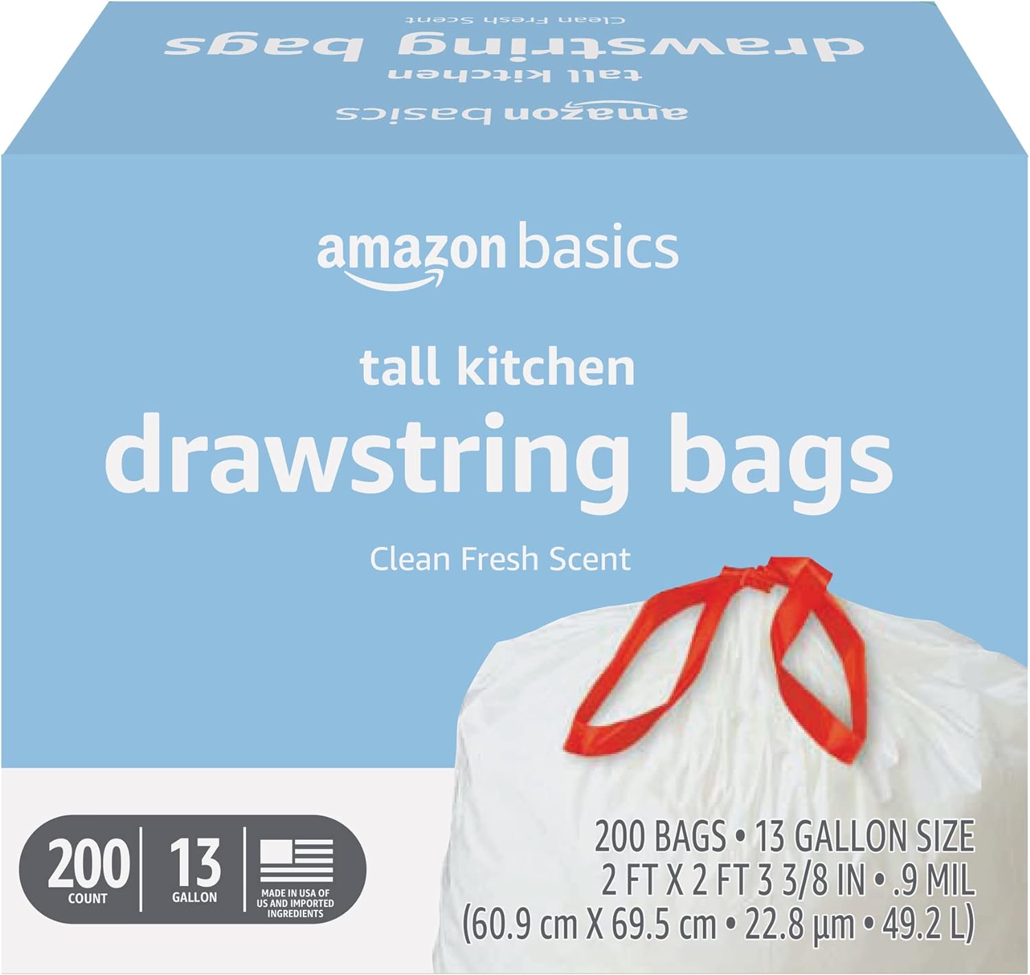 Amazon Basics Tall Kitchen Drawstring Trash Bags, Clean Fresh Scent, 13 Gallon, 200 Count (Previously Solimo)