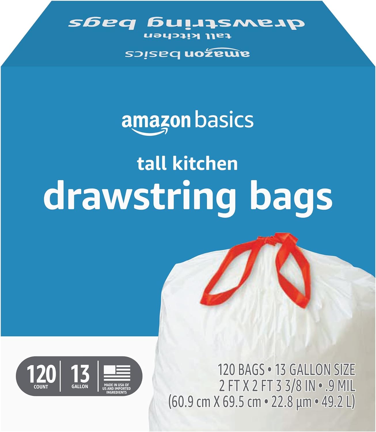 Amazon Basics Tall Kitchen Drawstring Trash Bags, 13 Gallon, Unscented, 120 Count (Previously Solimo)