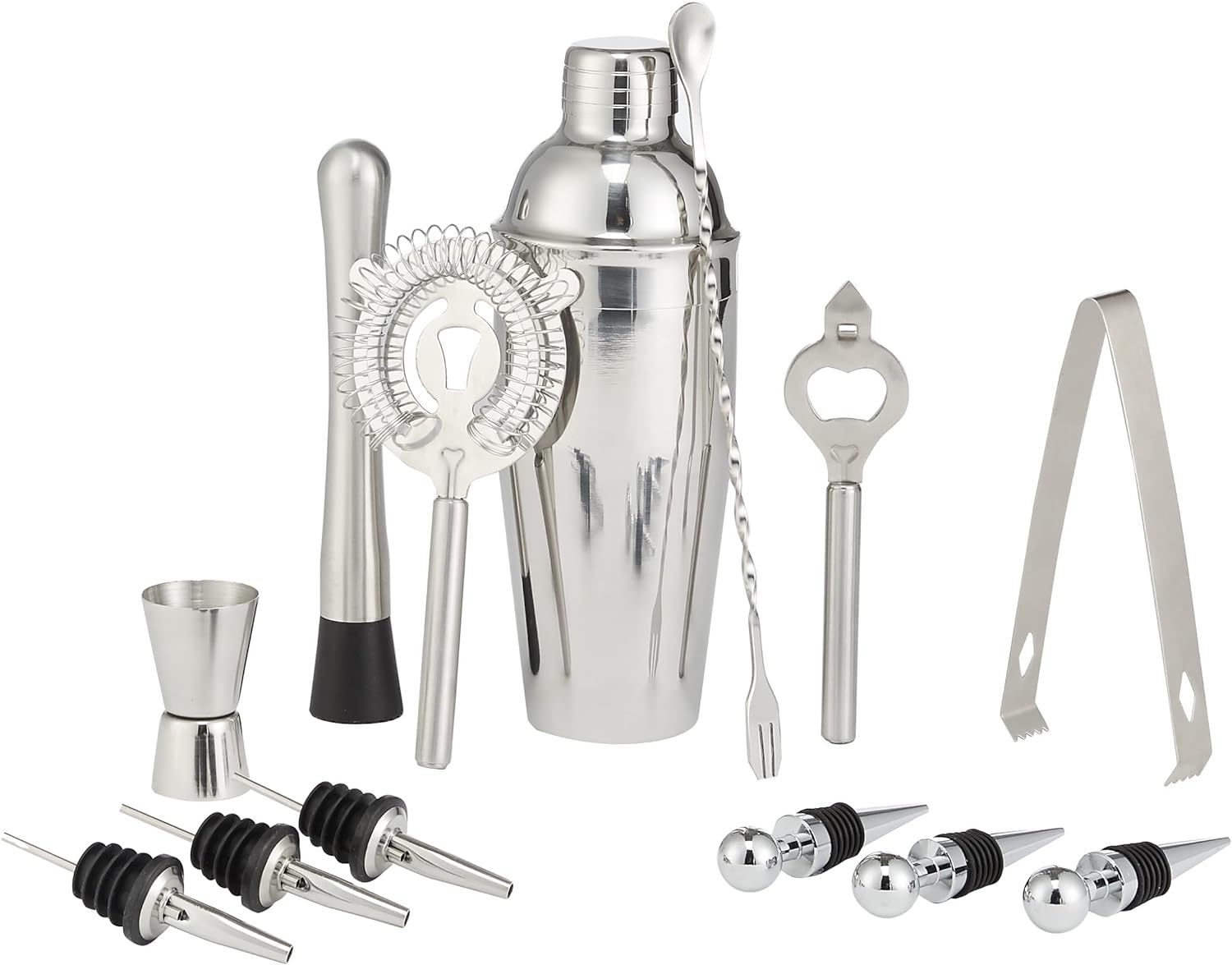 Amazon Basics 13-Piece Stainless Steel Bar Tools Set with 24oz Shaker, Jigger, Muddler, Pourer