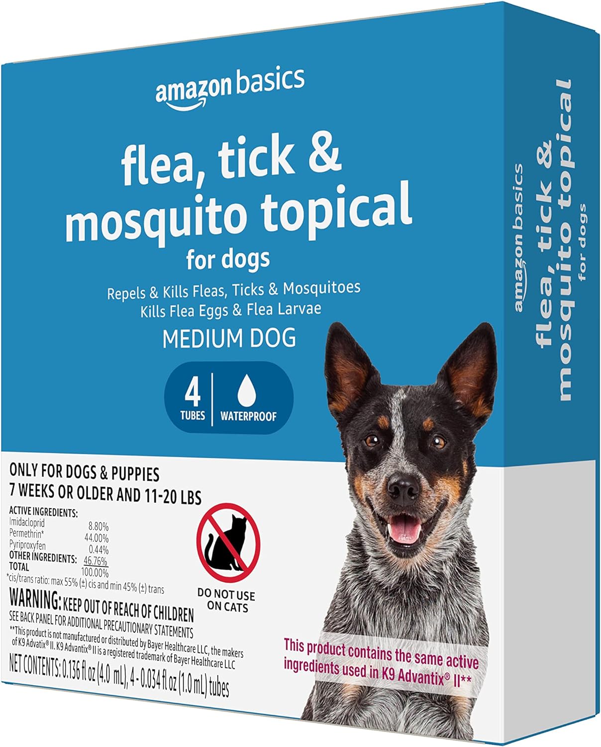 Amazon Basics Flea, Tick & Mosquito Topical for Medium Dog (11-20 pounds), 4 Count