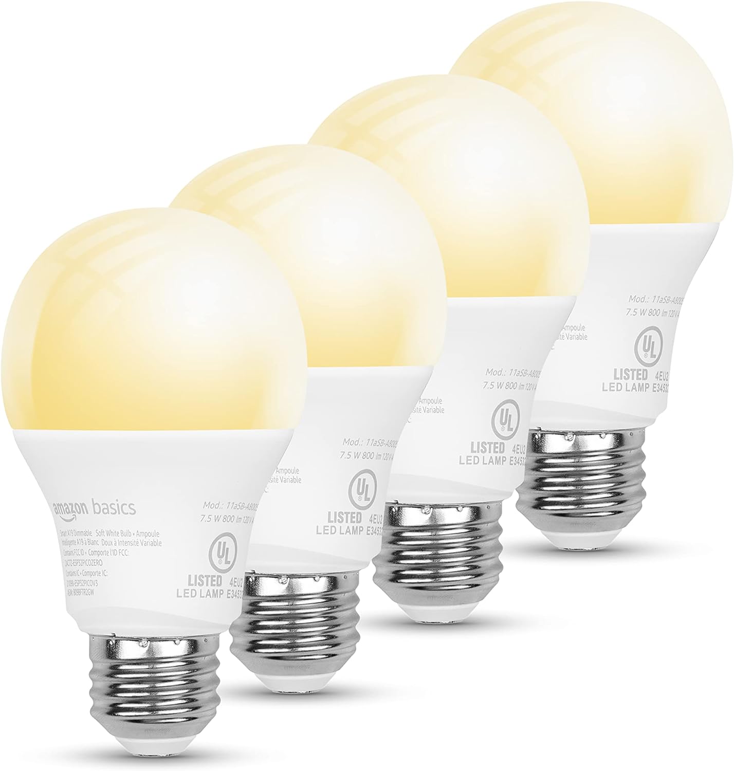 Amazon Basics Smart A19 LED Light Bulb, Dimmable Soft 2700k, warm white, 2.4 GHz Wi-Fi, 7.5W (Equivalent to 60W) 800LM, Works with Alexa Only, 4-Pack, Certified for Humans