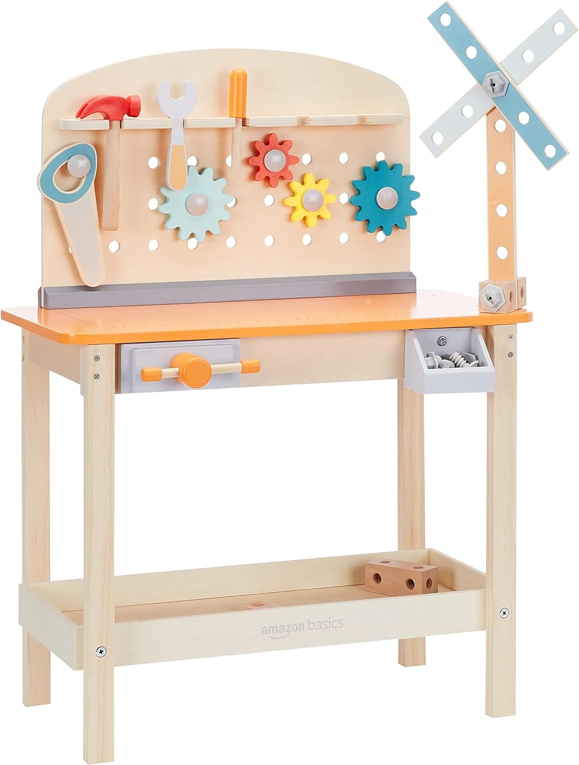 Amazon Basics Wooden Play Toy Tool Set and Workbench for Toddlers, Preschoolers, Children Age 3  Years, 36 cm D x 58 cm W x 77.9 cm H, Multicolor