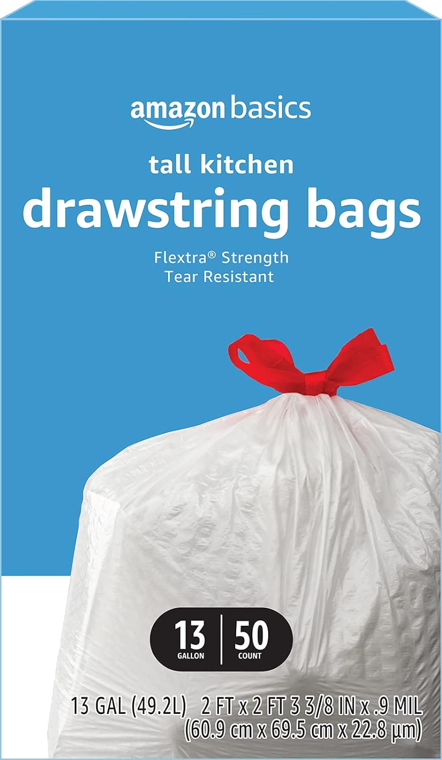 Amazon Basics Flextra Tall Kitchen Drawstring Trash Bags, 13 Gallon, Unscented, 50 Count