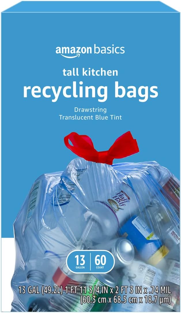 Amazon Basics Blue Recycling Trash Bags, Unscented, 13 Gallon, 60 count