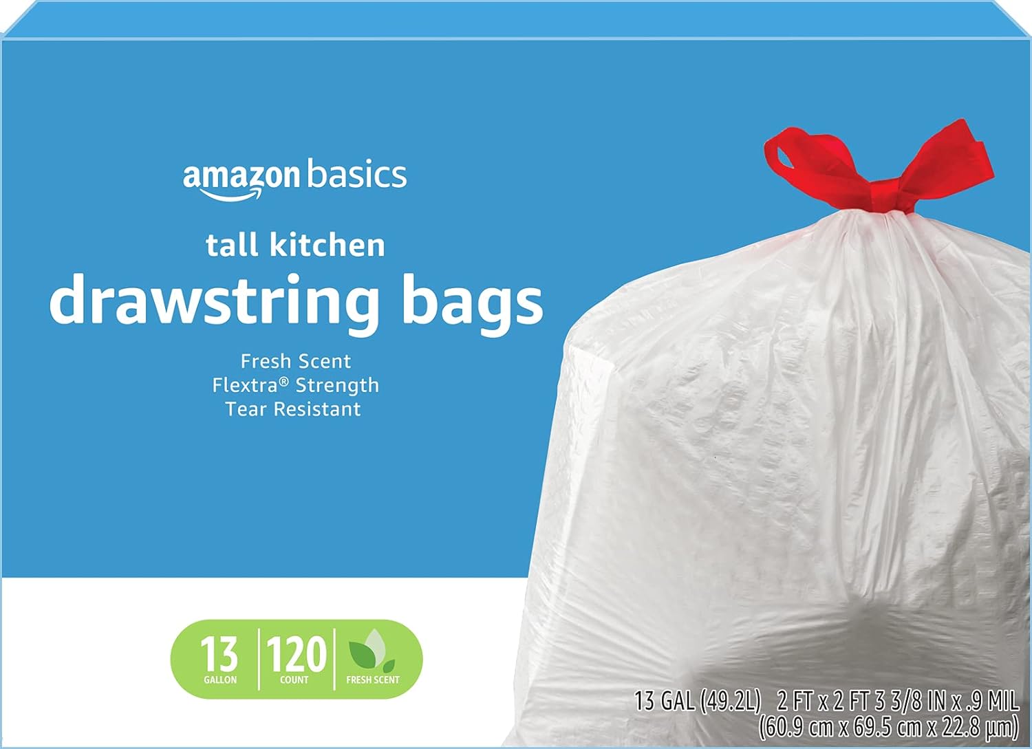 Amazon Basics Flextra Tall Kitchen Drawstring Trash Bags, Fresh Scent, 13 Gallon, 120 Count