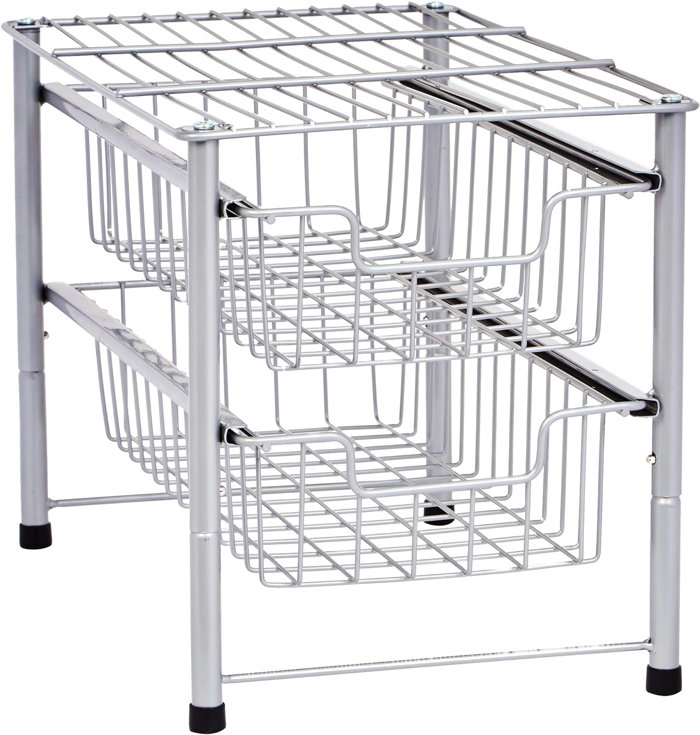 Amazon Basics 2-Tier Sliding Drawers Basket Storage Organizer, Silver, Pack of 2