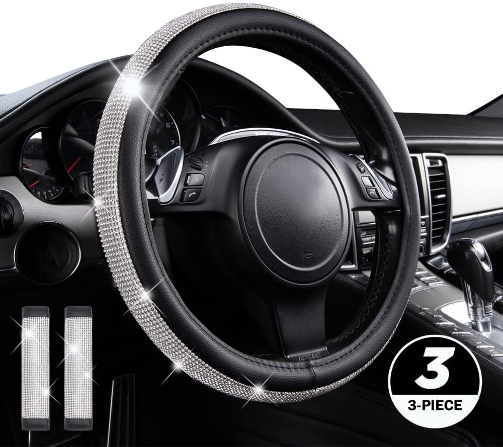 Amazon Basics Diamond Crystal Leather Steering Wheel Cover Set, Black with Silver Diamond, 3-Piece, Product Size 15 Inch