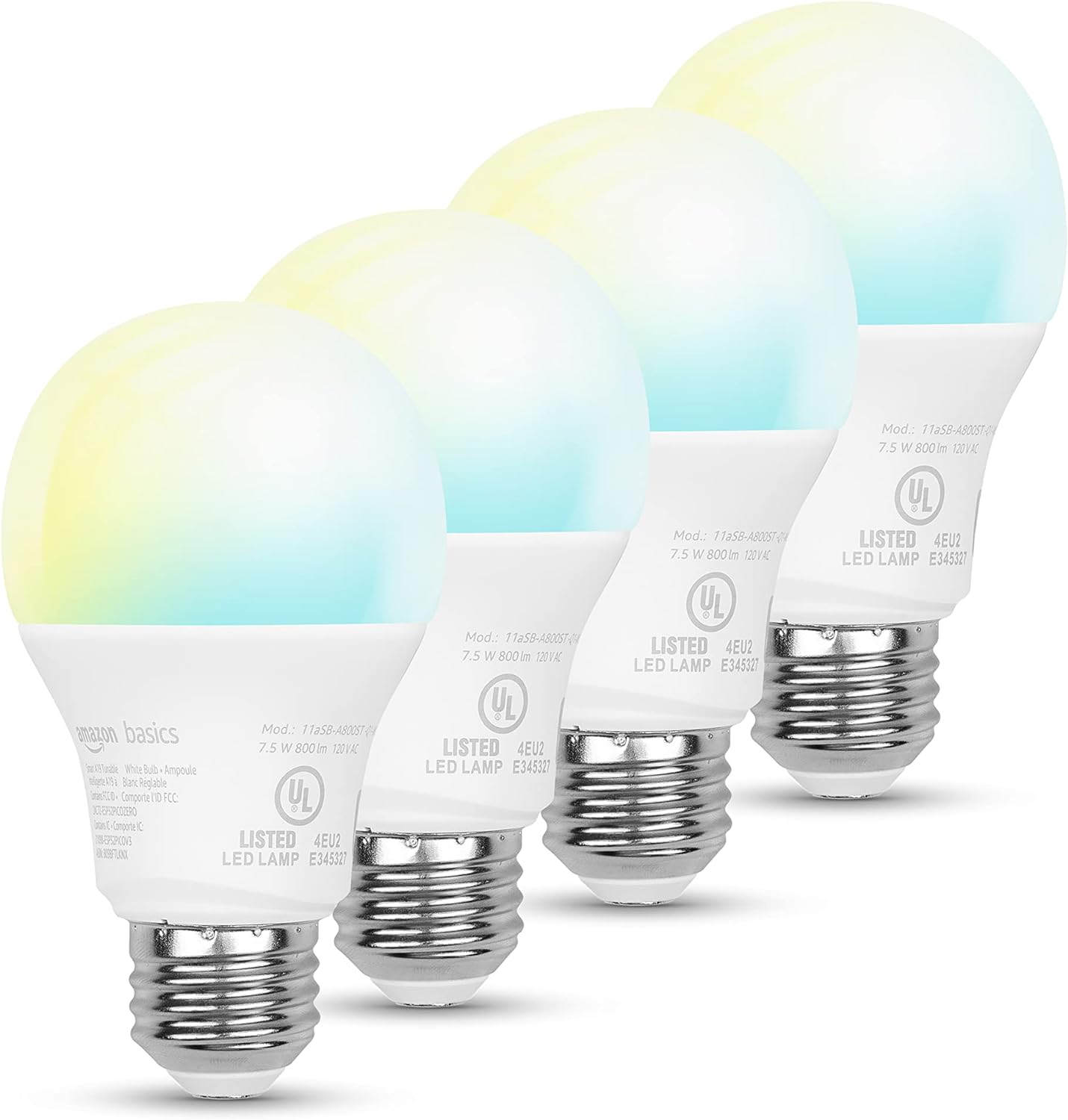 Amazon Basics Smart A19 LED Light Bulb, 2.4 GHz Wi-Fi, 7.5W (Equivalent to 60W) 800LM, 2200K-6500K, warm white, cool white, Works with Alexa Only, 4-Pack, Certified for Humans