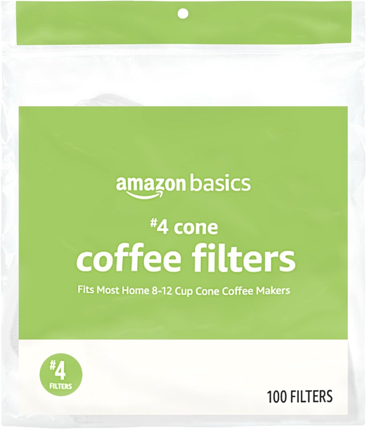 Amazon Basics Number 4 Cone Coffee Filters for 8-12 Cup Coffee Makers, White, 100 Count