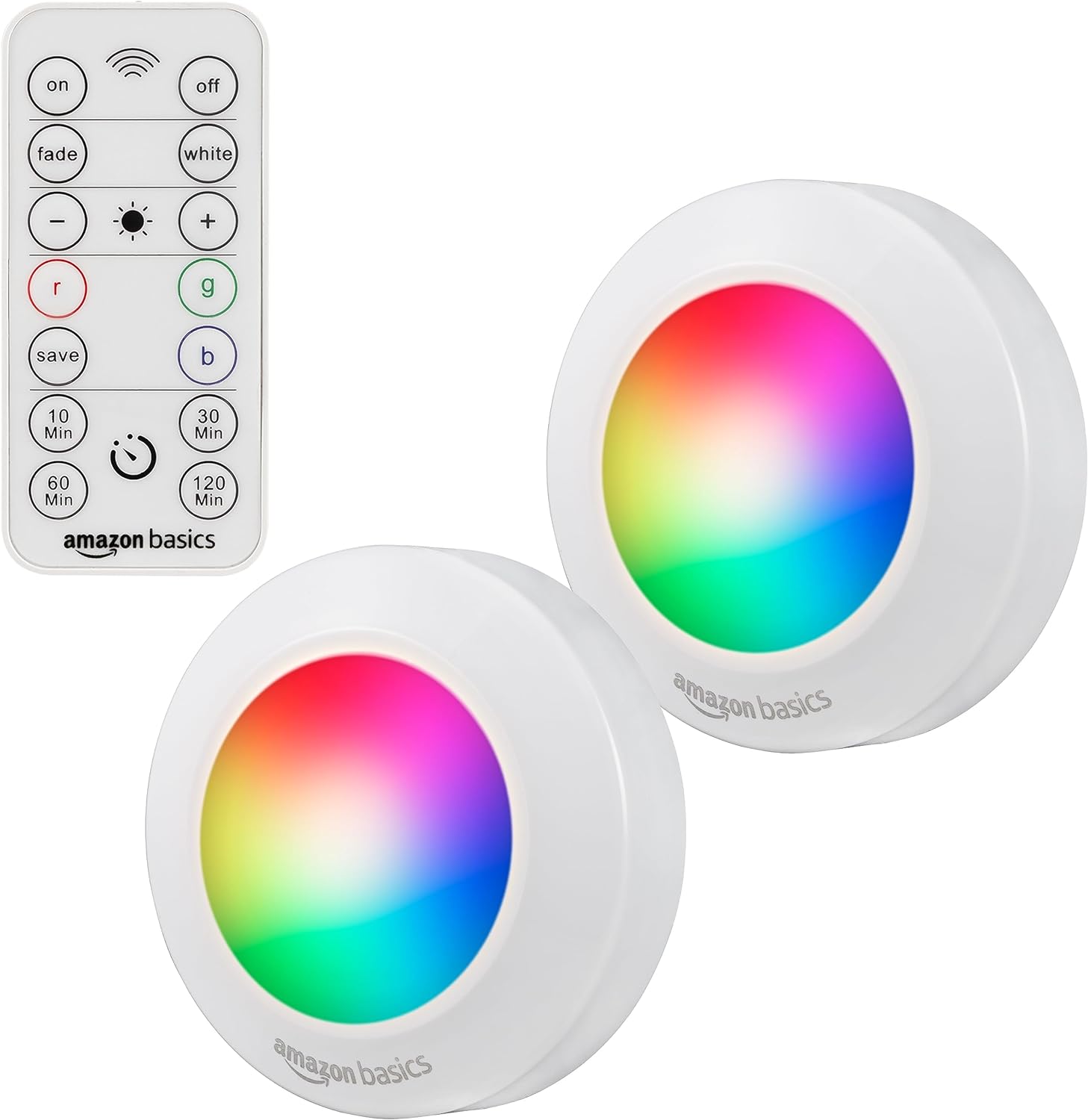 Amazon Basics LED Puck Lights, Color Changing, Battery Operated, IR Remote, 40 Lumens, 2 Pack, Wireless Lights, Stick on Lights, Under Cabinet Lighting, Ideal for Closets, and More, White