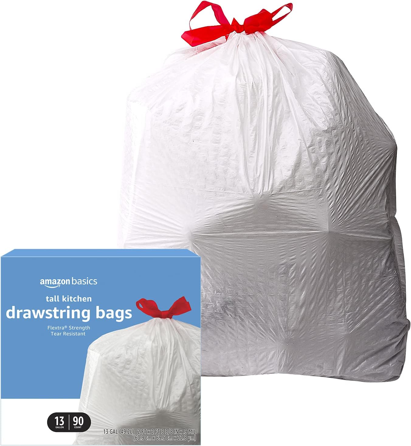 Amazon Basics Flextra Tall Kitchen Drawstring Trash Bags, Unscented, 13 Gallon, 90 Count