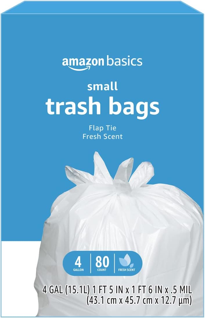 Amazon Basics 4 Gallon Trash Bags, Flap Ties with Fresh Scent, 80 Count