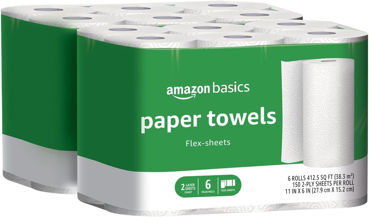 Amazon Basics 2-Ply Paper Towels, Flex-Sheets, 150 Sheets per Roll, 12 Rolls (2 Packs of 6), White