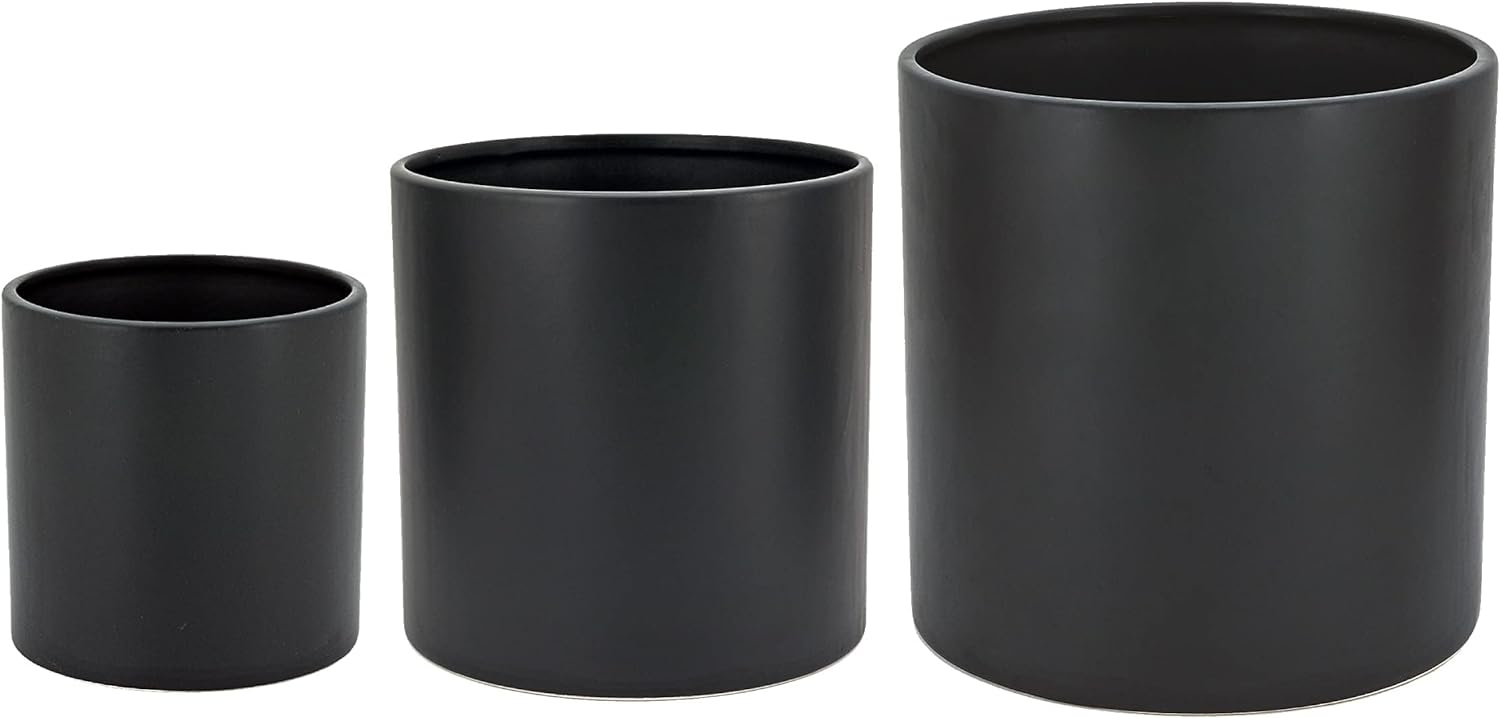 Amazon Basics Assorted Sizes Smooth Ceramic Round Planters, Set of 3, Black, 6-Inch, 8-Inch, 10-Inch