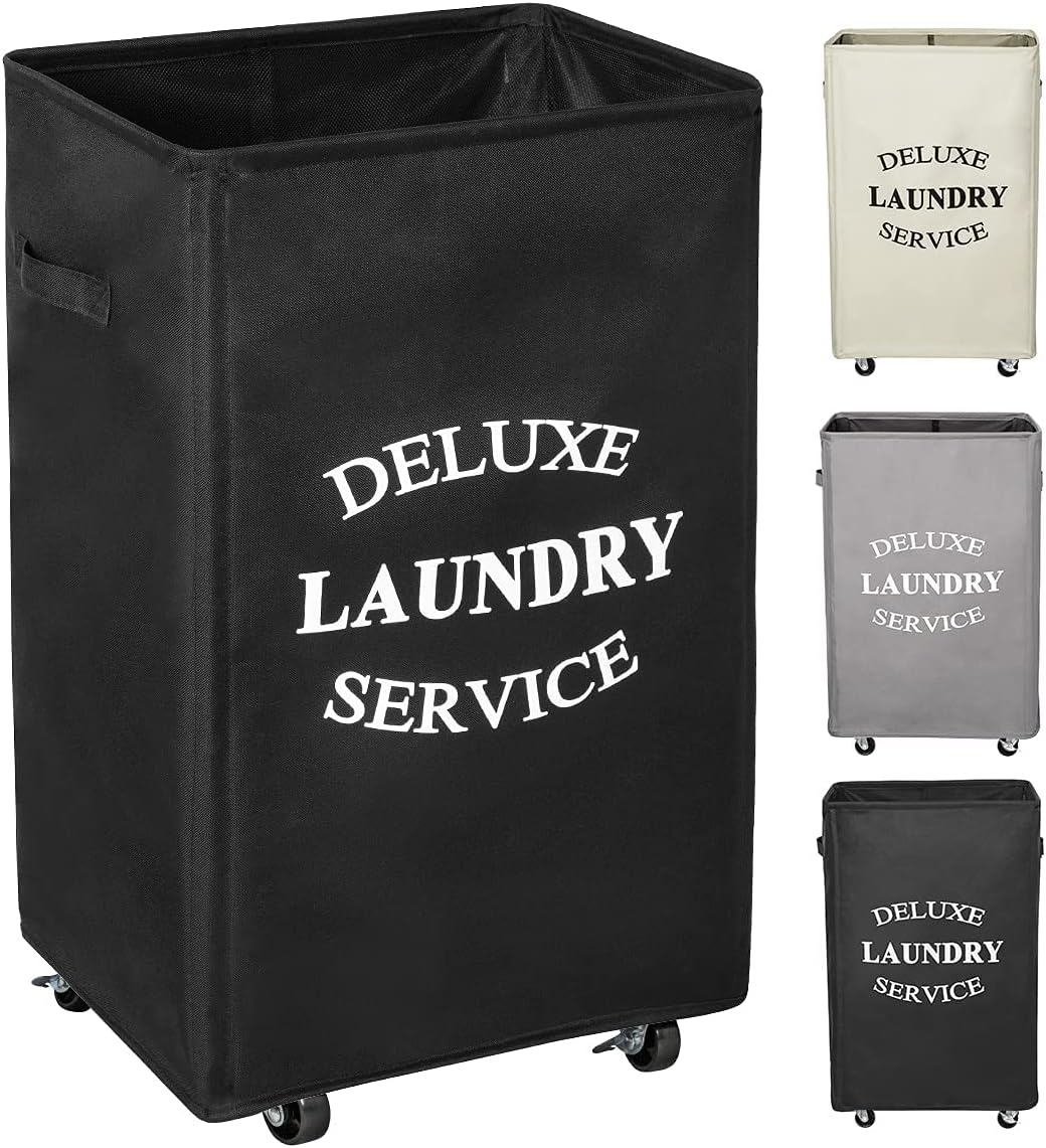 WOWLIVE Large Rolling Laundry Basket Wheels 90L Collapsible Tall Laundry Hamper Handle Foldable Dirty Clothing Basket Fold up Rectangular Hampers for Laundry Dorm Room (Black)