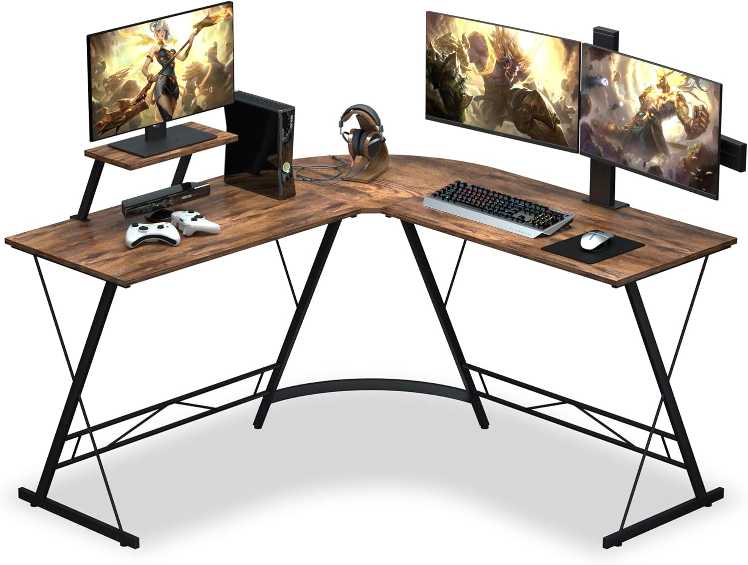 OTK L Shaped Desk with Round Corner, 51 L Shaped Gaming Desk, Corner Computer Desk Table with Large Monitor Stand for Home Office, Sturdy Writing Workstation, Relic
