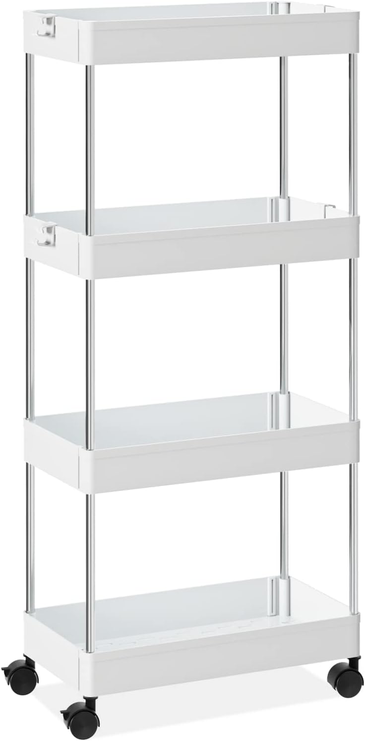 OTK Storage Cart 4 Tier Mobile Shelving Unit Organizer, Utility Rolling Shelf Cart with Wheels for Bathroom Kitchen Bedroom Office Laundry Narrow Places, White