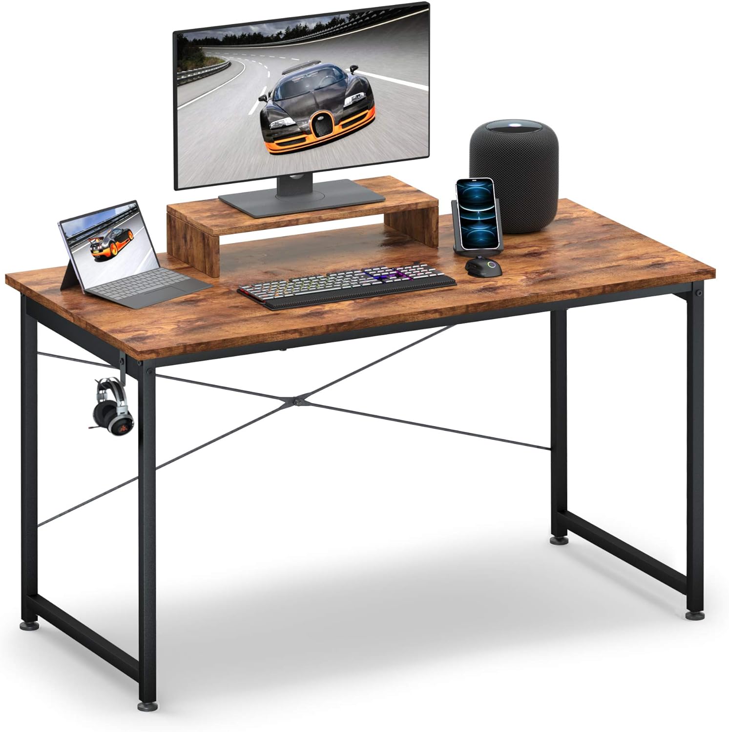 OTK Computer Desk 47" with Movable Monitor Shelf Riser, Sturdy Home Office Desk, Writing Desk, Gaming Desk with Headphone Hook, Computer Work Station, Work Table, Vintage