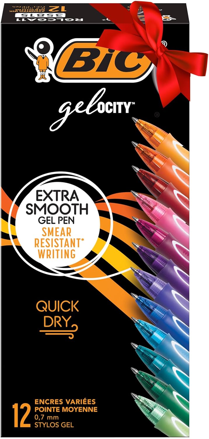 BIC Gel-ocity Quick Dry Assorted Colors Gel Pens (RGLCGA11-AST), Medium Point (0.7mm), 12-Count Pack, Retractable Gel Pens With Comfortable Full Grip (Colors May Vary), Unique Gifts for Women
