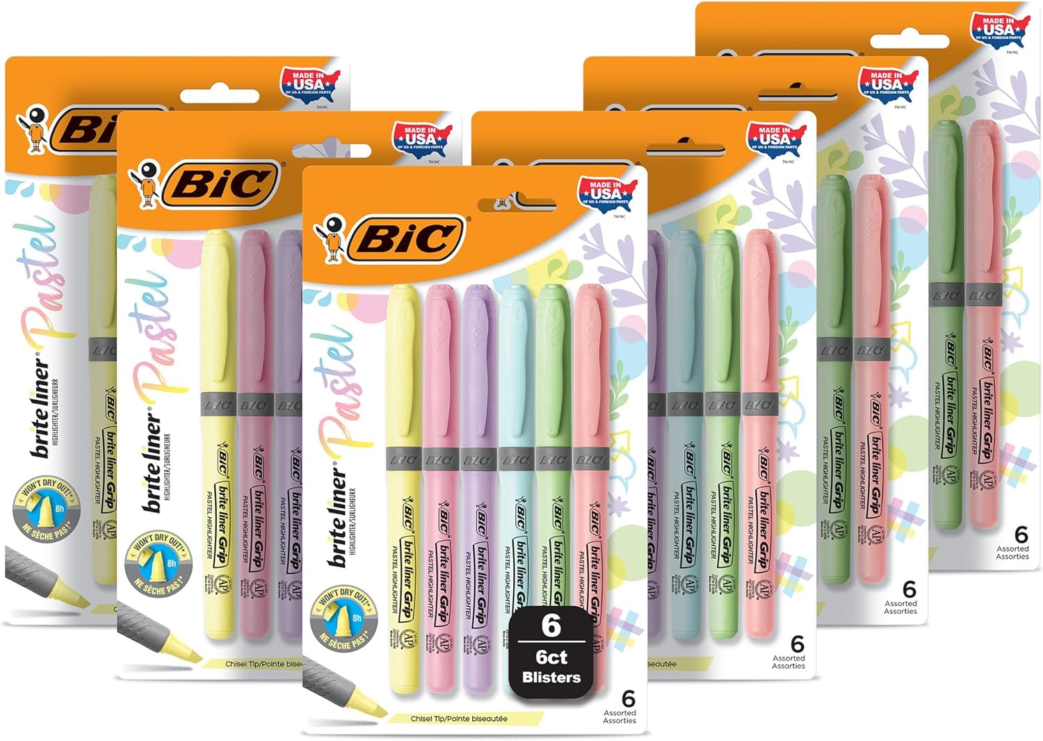 BIC Brite Liner Grip Pastel Highlighter Set (GBLD36E-AST), Chisel Tip, 36-Count Pack of Pastel Highlighters in Assorted Colors, Cute Highlighters for Bullet Journaling, Note Taking and More