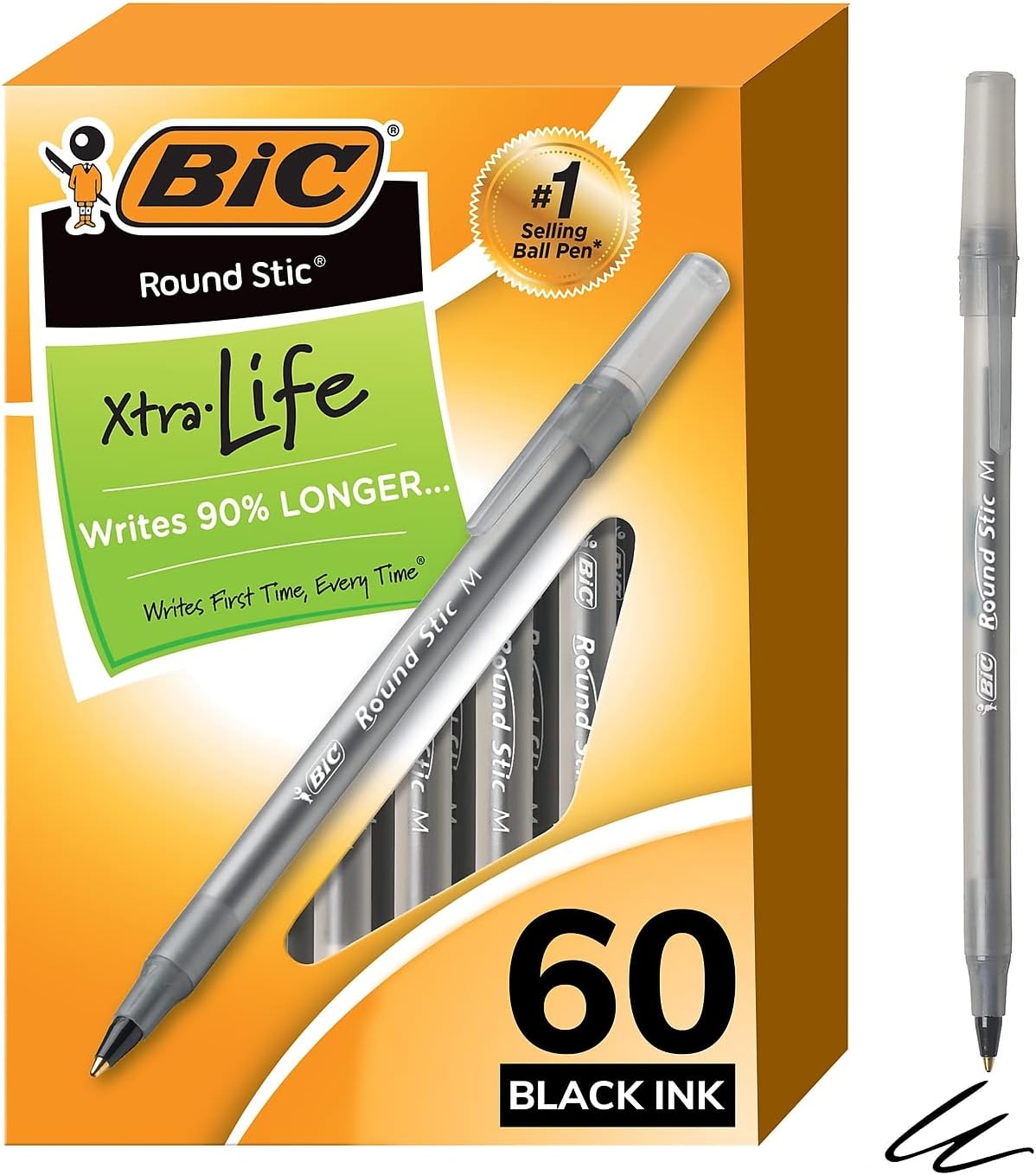 BIC Round Stic Xtra Life Ballpoint Pens, Medium Point (1.0mm), Black, 60-Count Pack, Flexible Round Barrel For Writing Comfort (GSM609-BLK)