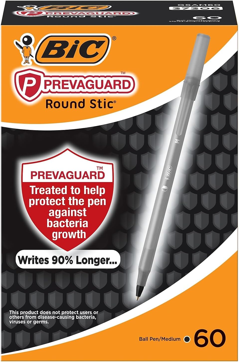 BIC PrevaGuard Round Stic Ballpoint Pen With Built-in Protection To Suppress Bacteria Growth, Medium Point (1.0 mm), Black, 60-Count